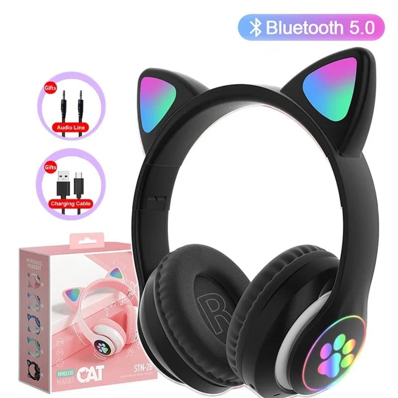 Audífonos con Orejas de Gato en Negro con Caja