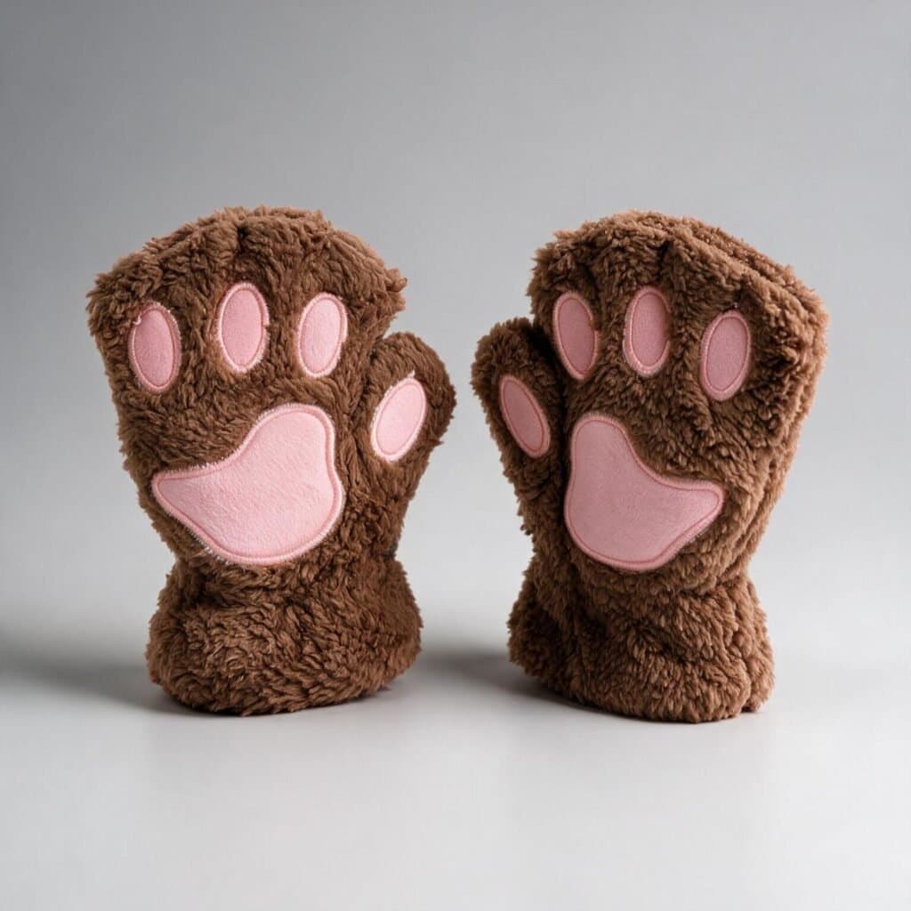Manoplas de felpa con forma de garra de gato en marron con almohadillas rosas