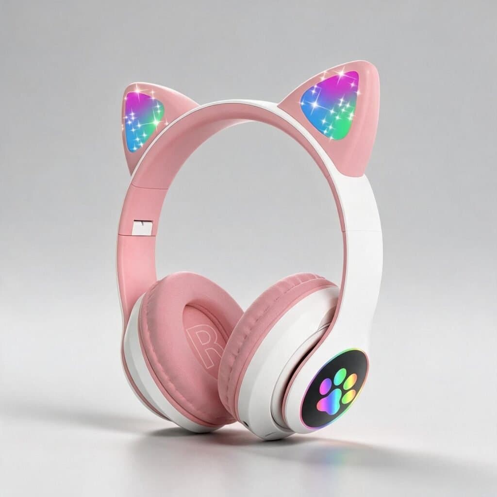 Audifonos inalambricos rosas con orejas de gato iluminadas