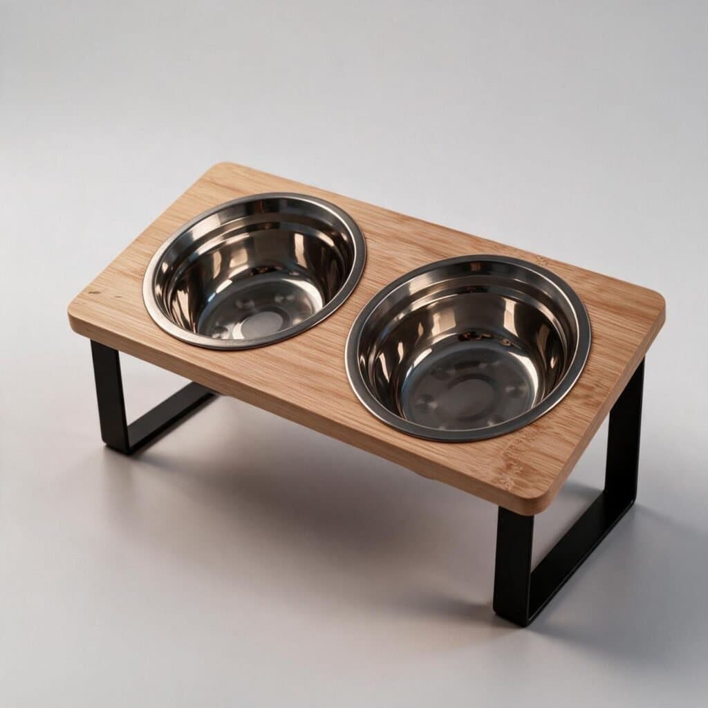 Comedero elevado con tabla de madera inclinada, dos tazones de acero y patas metalicas negras