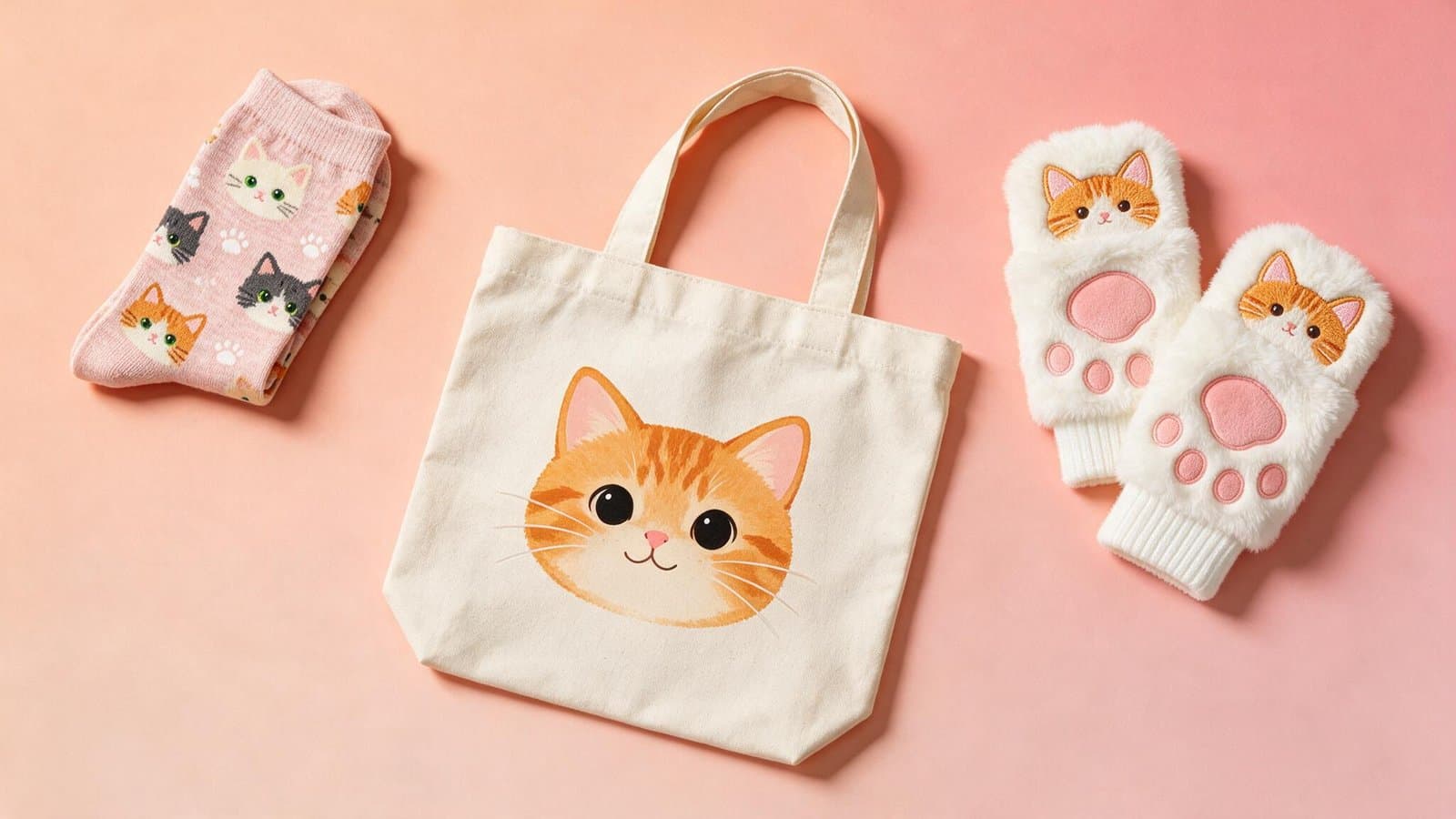 Bolsa, calcetines y manoplas con motivos de gato